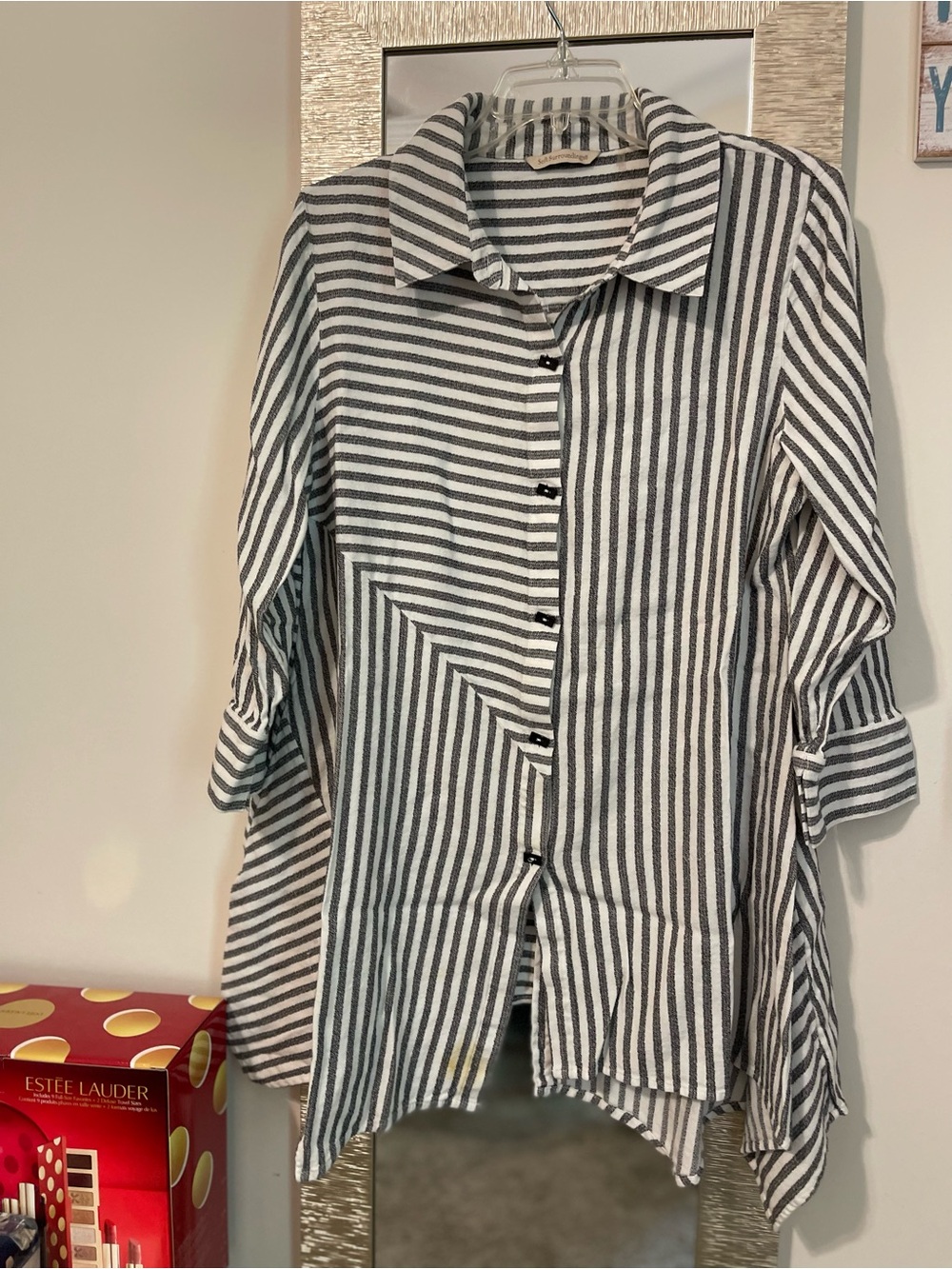 Soft Surroundings Black and White Striped Button-Down Shirt